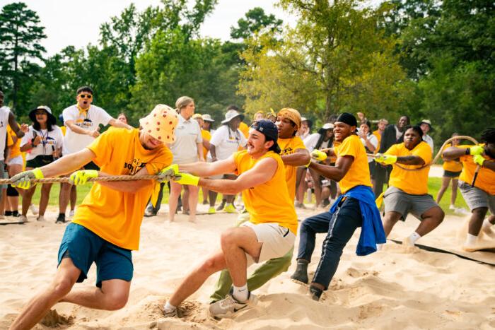 Students play tug-of-war on sand, wearing gold shirts. 观众在后台欢呼.